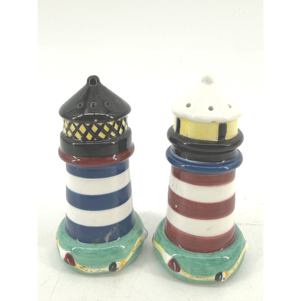 Lighthouse Salt and Pepper Shakers Nautical Multicolor Ceramic Set Coastal